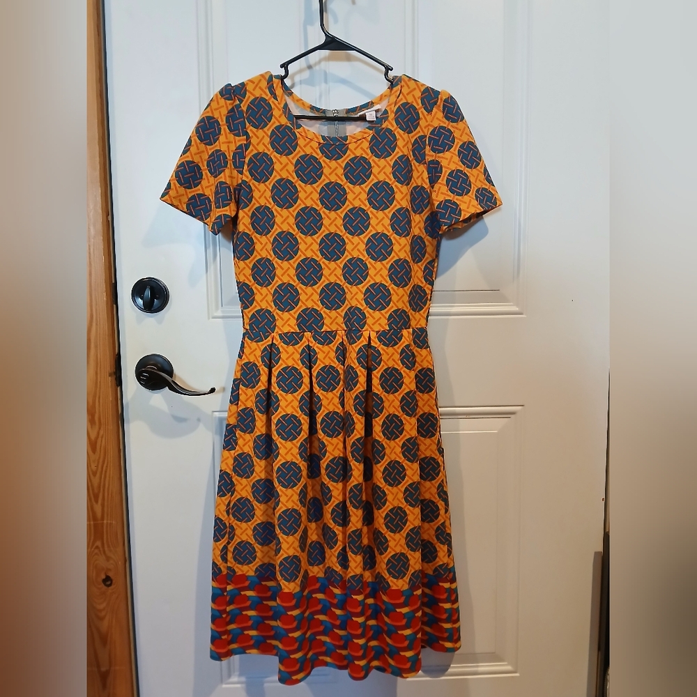 LuLaRoe Orange and Blue Fit and Flare Midi Dress